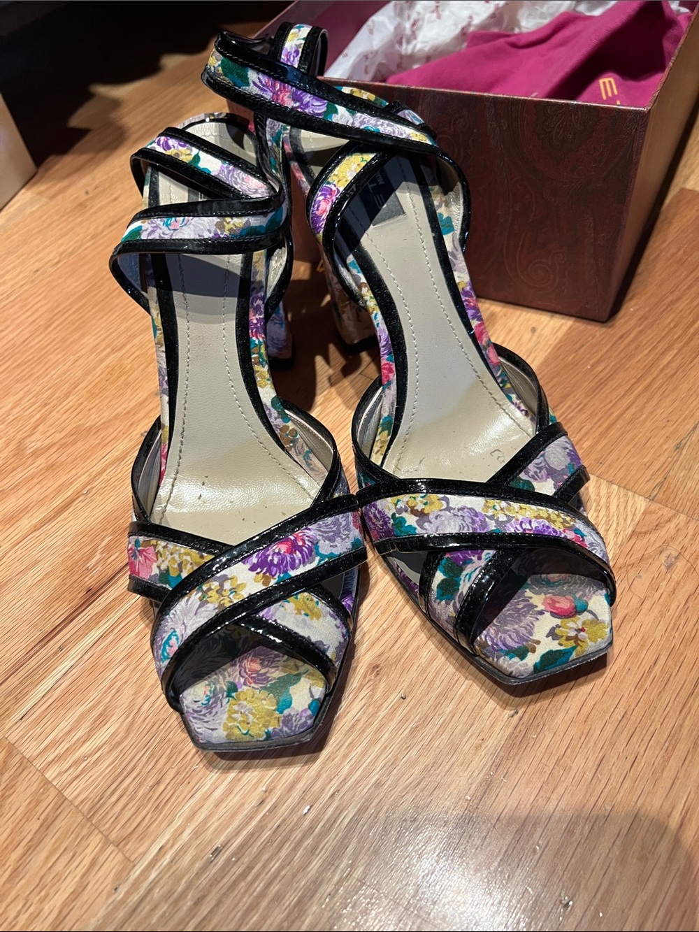 Floral Print Strappy Block Heels in Multi-Color